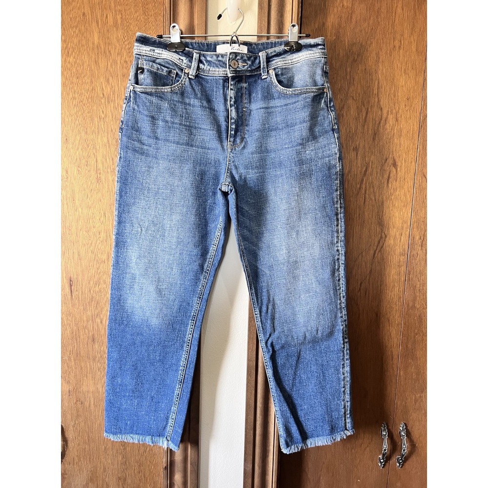 KAN CAN-Woman's Medium Wash 5 Pocket Denim Fringe Leg Hem Jeans Size 11/29